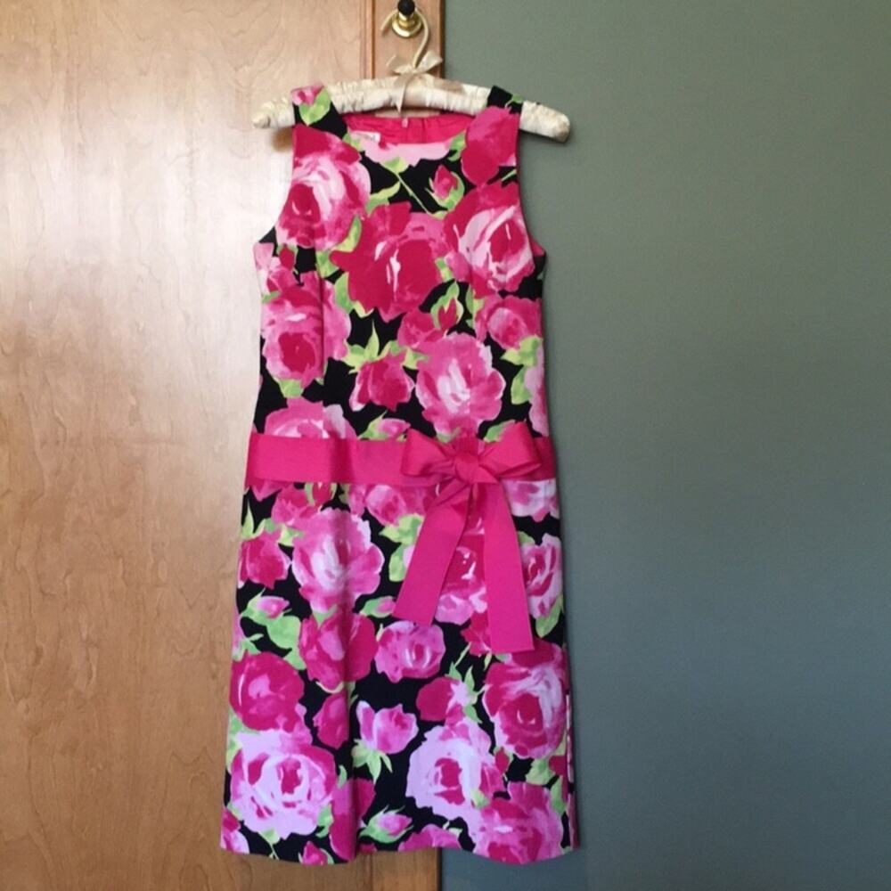 Talbots flower sheath dress with pink ribbon